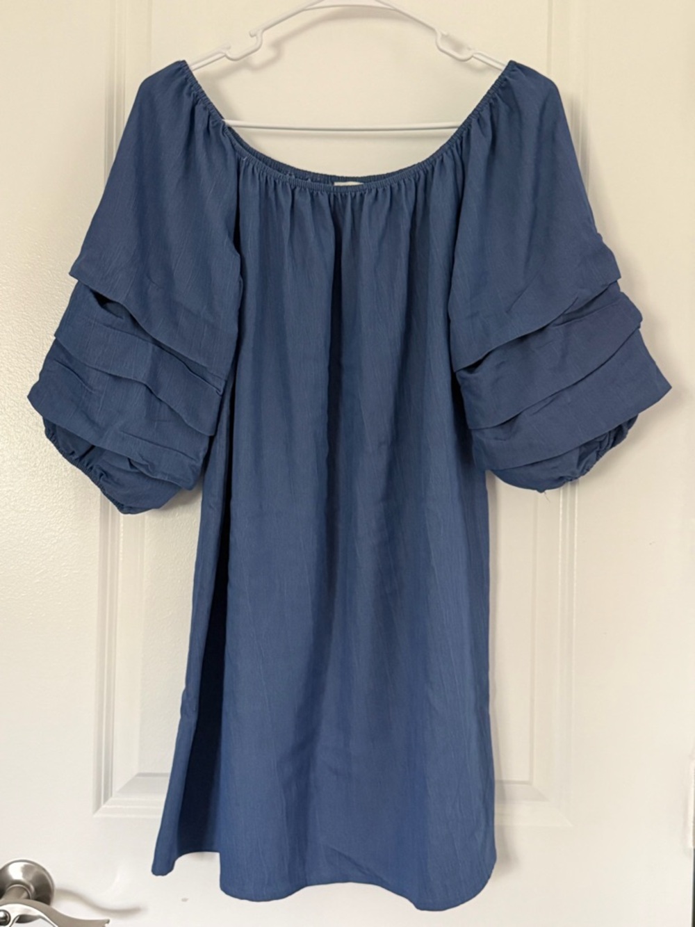 love J Dusty Blue Off-Shoulder Mini Banydoll Dress w/Tiered Puff Sleeves